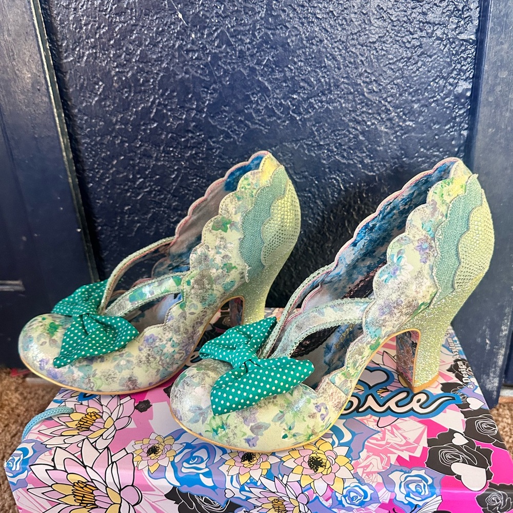 Irregular Choice Green Floral Heels with Polka Dot Bow